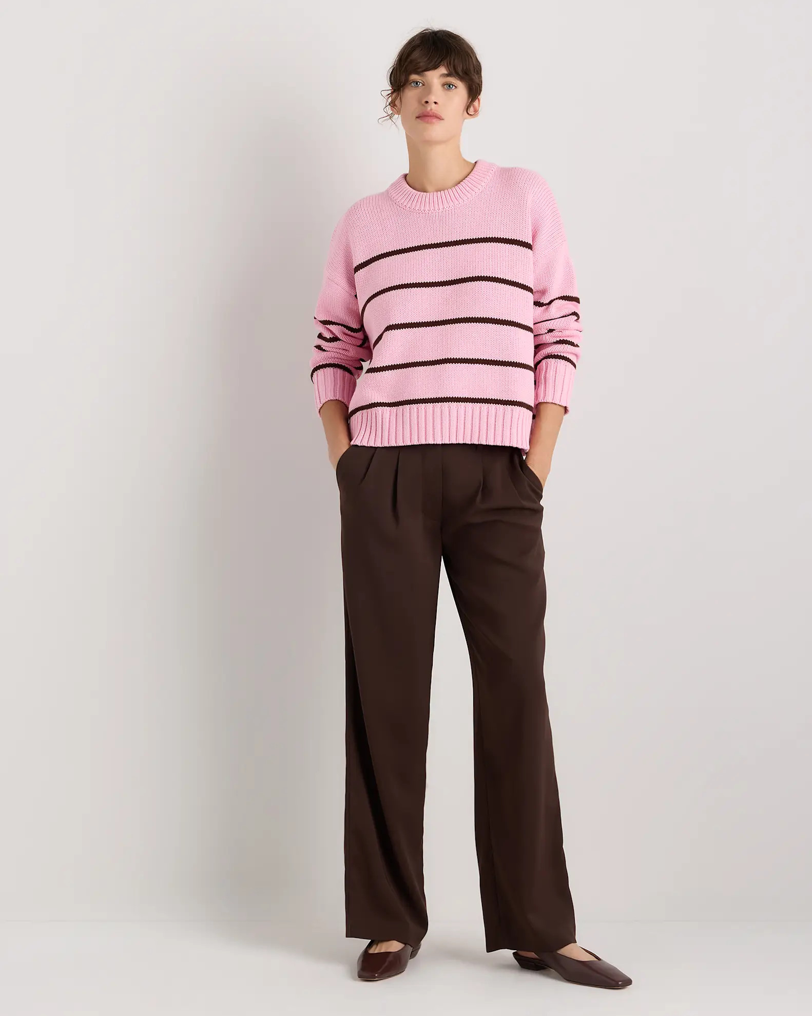 100% Organic Cotton Striped Crew Sweater in Bubblegum/Fudge Mariner Stripe | Quince