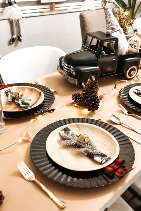 Thanksgiving Table Set Up Black Rustic Buffalo Plaid Theme with Wood Accents! Items from Dollar Tree: Kraft paper, bells, pine cones, and bows!

#LTKunder50 #LTKSeasonal #LTKHoliday