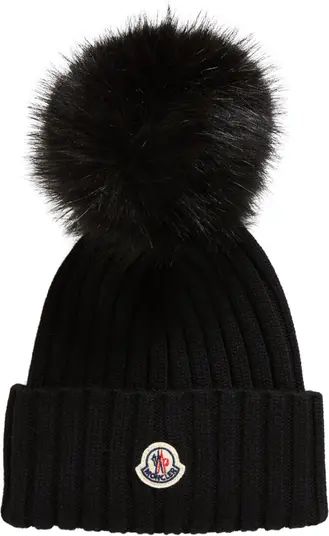 Virgin Wool Rib Beanie with Faux Fur Pompom | Nordstrom