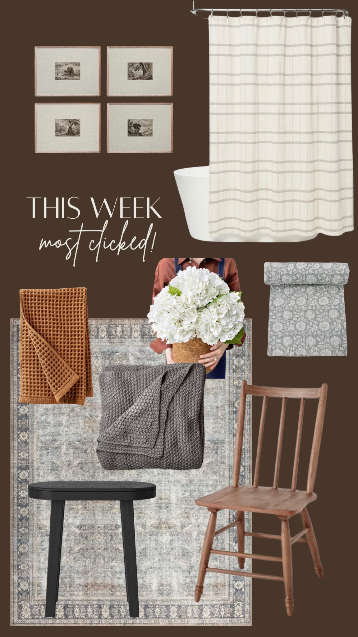 This weeks top clicked items! Affordable neutral rug, (I have in my dining room) kantha quilt, real reel hydrangea, vintage look chairs, casaluna waffle towels.