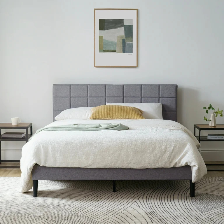 Mainstays Gray Upholstered Square Tufted Platform Bed, No Box Spring Needed, Queen | Walmart (US)