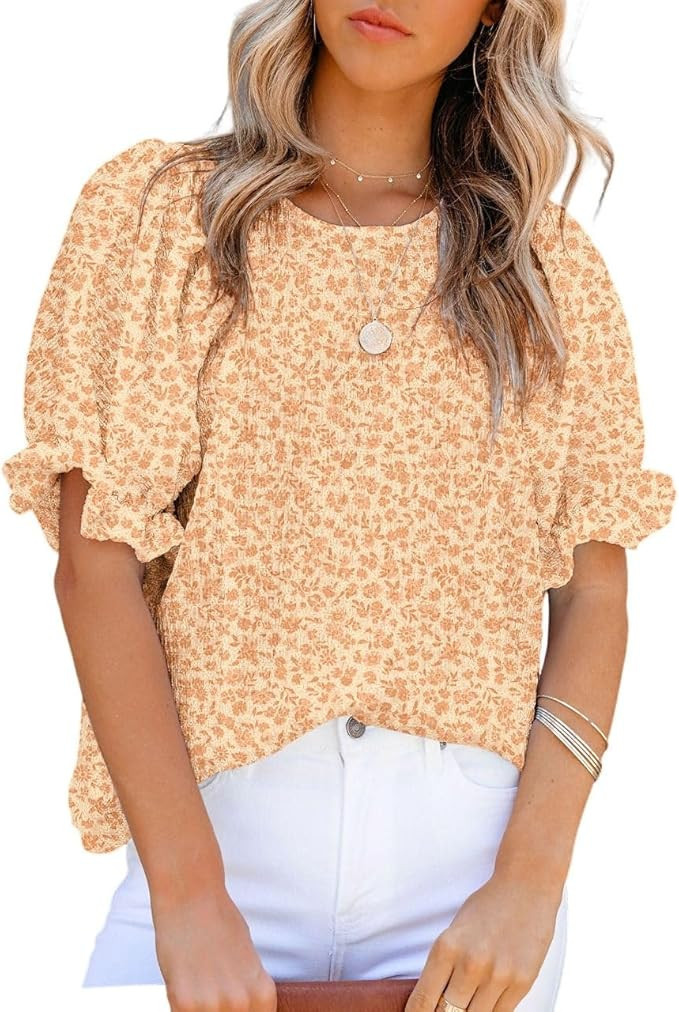 Dokotoo Floral Print Blouses for Women Crewneck Smocked Puff Sleeve Shirts Casual Babydoll Tops | Amazon (US)