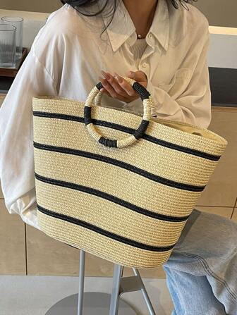 New Spring And Summer Large Capacity Woven Bag For Women,Casual Tote Bag,Shopping Bag,Striped Han... | SHEIN