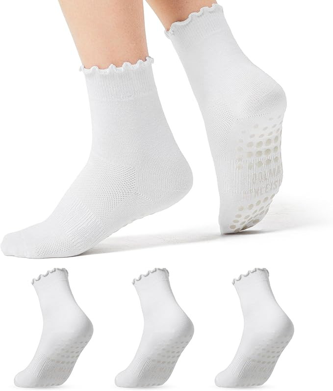 COOLMATE 3 Pairs Ruffle Pilates Socks with Grips for Women, Cute Non - Slip Crew Socks for Yoga, ... | Amazon (US)