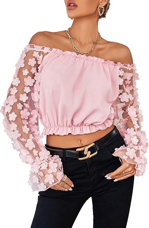 LYANER Women's Off Shoulder Floral Mesh Long Sleeve Ruffle Trim Crop Blouse Top | Amazon (US)