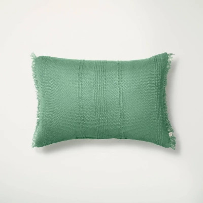 14"x20" Textured Fringe Indoor/Outdoor Lumbar Throw Pillow Green - Hearth & Hand™ with Magnolia | Target
