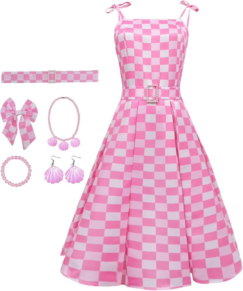 SPORTBANG Women Dress Costume With Headpiece Necklace Plaid Dresses Halloween Cosplay Outfit | Amazon (US)