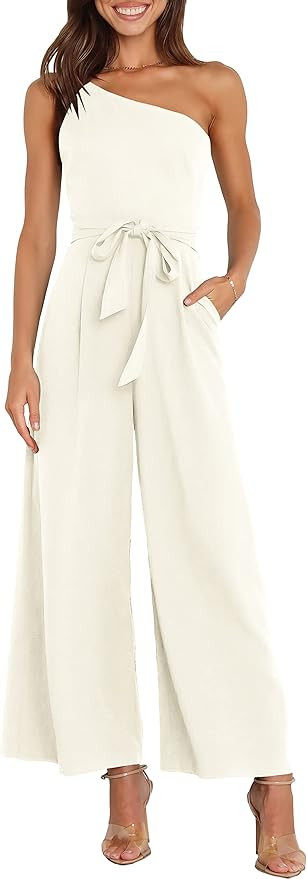 ANRABESS Women Summer Dressy One Shoulder Sleeveless Tie Waist Backless Casual Wide Leg Jumpsuits... | Amazon (US)