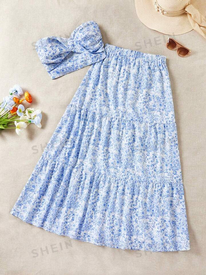 SHEIN WYWH Floral Printed Bandeau Top And Skirt Vacation 2pcs Suit | SHEIN