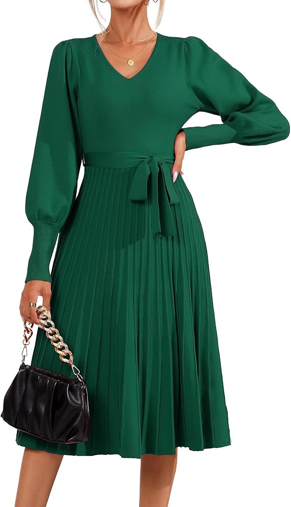 Jollycode Women's 2023 Fall Winter Sweater Dress V Neck Lantern Long Sleeve A Line Pleated Pullov... | Amazon (US)