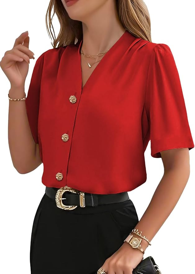 EVALESS Blouses for Women Dressy Casual Summer Short Sleeve Button Down Shirts Business Work Tops | Amazon (US)