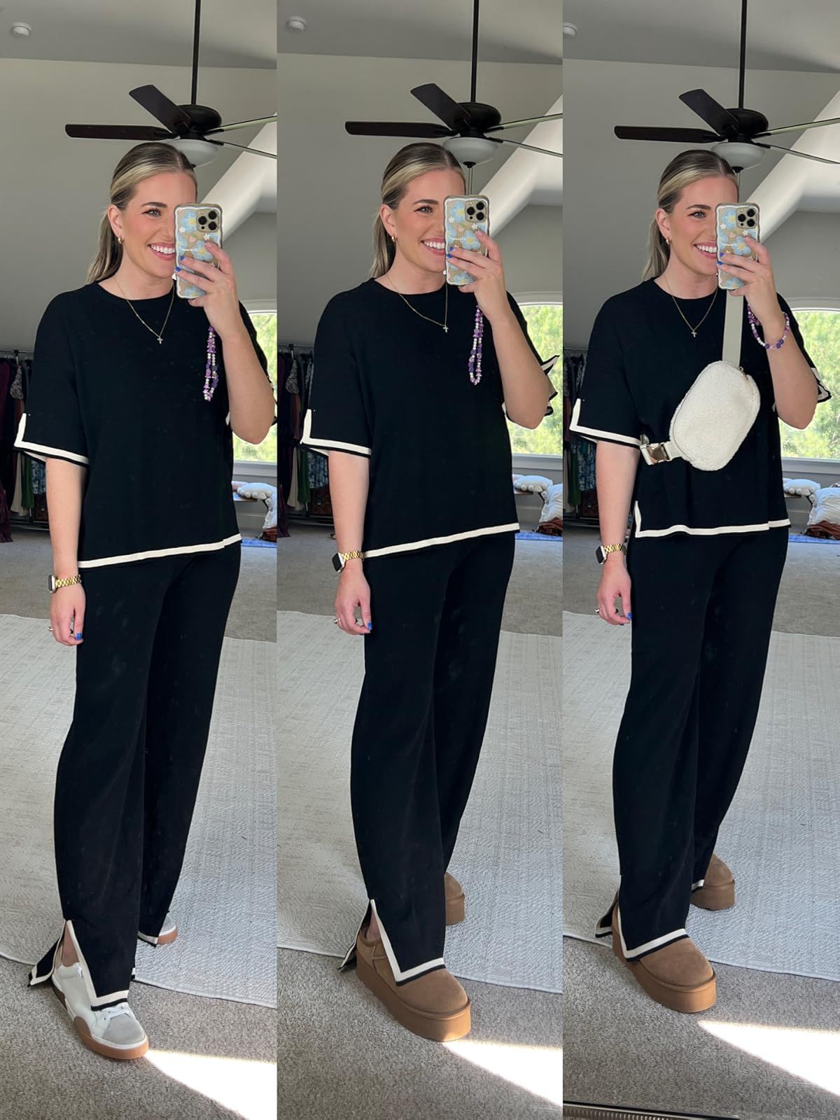 Faleave Womens Knit 2 Piece Sweater Sets Short Sleeve Pullover Tops Elastic Waist Wide Leg Pants Lou | Amazon (US)