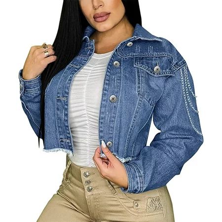 QWZNDZGR Women s Cropped Button Down Denim Long Sleeve Tassel Jean Jacket Coat with Chain | Walmart (US)