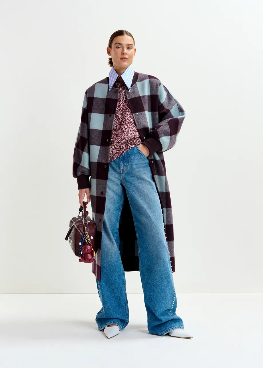 Deep burgundy and blue wool check coat | Essentiel Antwerp United States | Essentiel Antwerp