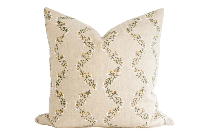 Indian Block Print Pillow Cover - Faded Gold, Olive, Ivory Scalloped Florals | Etsy (US)