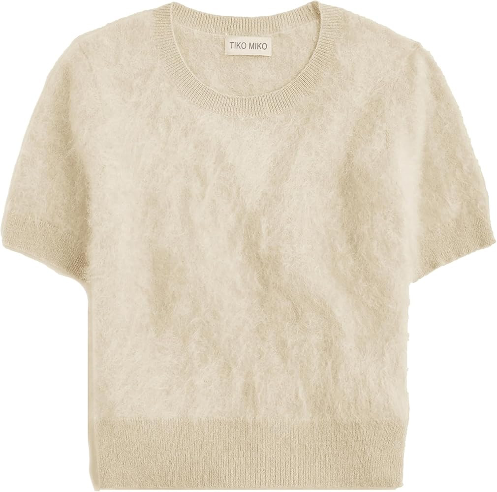 Women's Furry Cropped Sweater Short Sleeve Soft Fuzzy Sweater T Shirt Loose Casual Knit Pullover | Amazon (US)