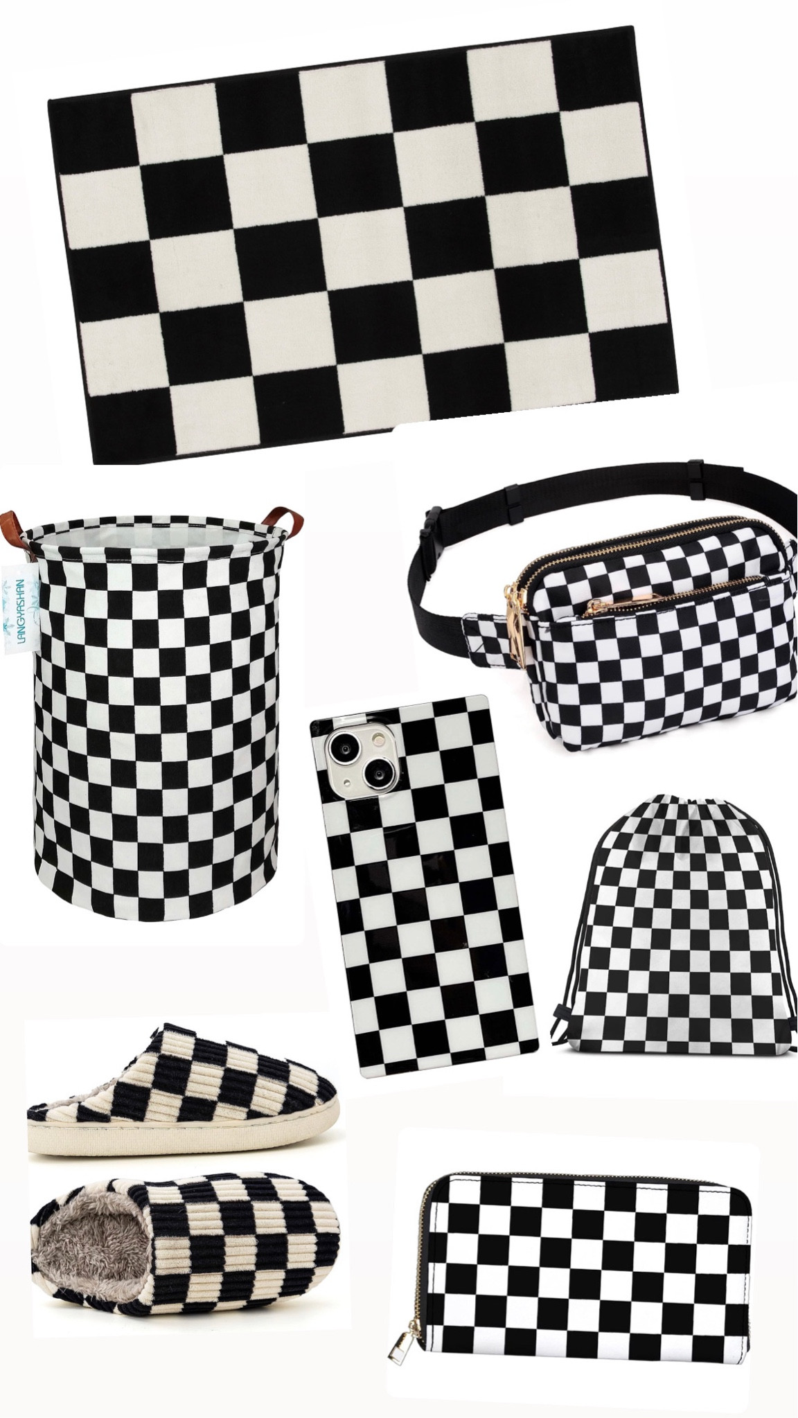 The checkered trend is so fun to mix and match. Throw a checkered rug in your dorm or room, add cozy matching slippers and a laundry basket. 
Add a belt bag to a simple athleisure ootd. A checkered drawstring backpash for a functional pop of edginess 🖤🤍

#LTKstyletip #LTKhome #LTKBacktoSchool