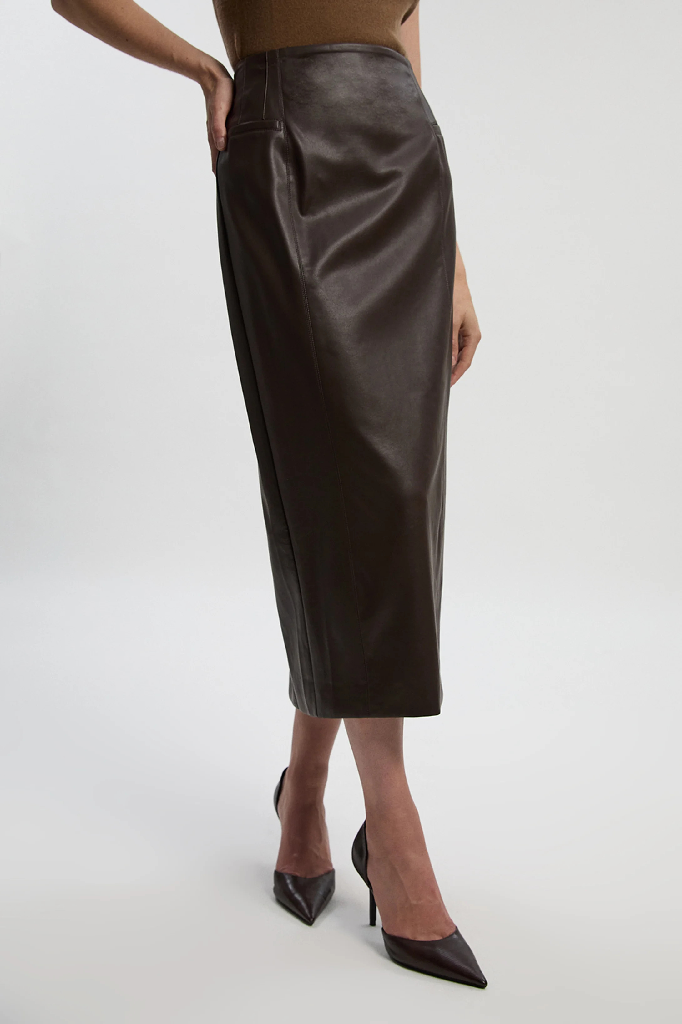 Faux Leather Seam Waist Detail Pencil Midi Skirt | Karen Millen UK + IE + DE + NL