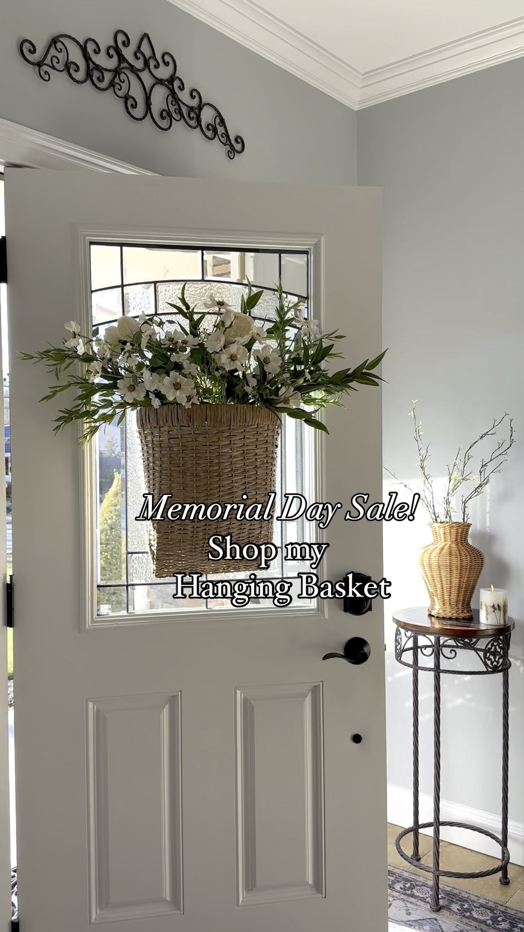 Ballard Design Memorial Day sales including my seaside hanging basket! Entryway, foyer styling. Shop my hanging basket, area rug, greenery, white florals, rattan vase.  home decor accessories. Walmart, Amazon home. Target. Summer home decor accessories. 

#LTKHome #LTKSaleAlert #LTKVideo