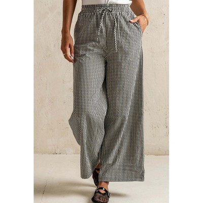 Attraco Women's Gingham Wide Leg Pants with Drawstring Waist & Pockets Black L | Target