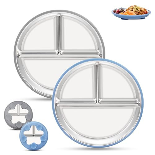 9" Stainless Steel Plates for Kids – 2 Pack Toddler Plates with Suction Base, Non-Slip Removable Silicone Sleeves, Unbreakable Dishwasher Safe Baby Plates for Baby Led Weaning, Blue & Gray | Amazon (US)