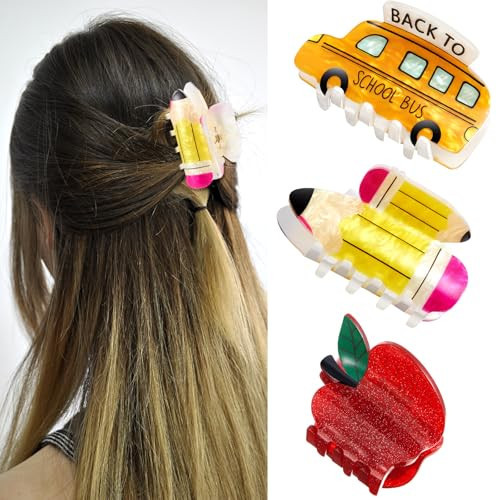 3 Pcs Pencil School Bus and Apple Hair Claw Clips Back to School Teacher Clips Cute Jaw Barrettes for Women Teachers Appreciation Gift Thick and Thin Hair Accessories | Amazon (US)