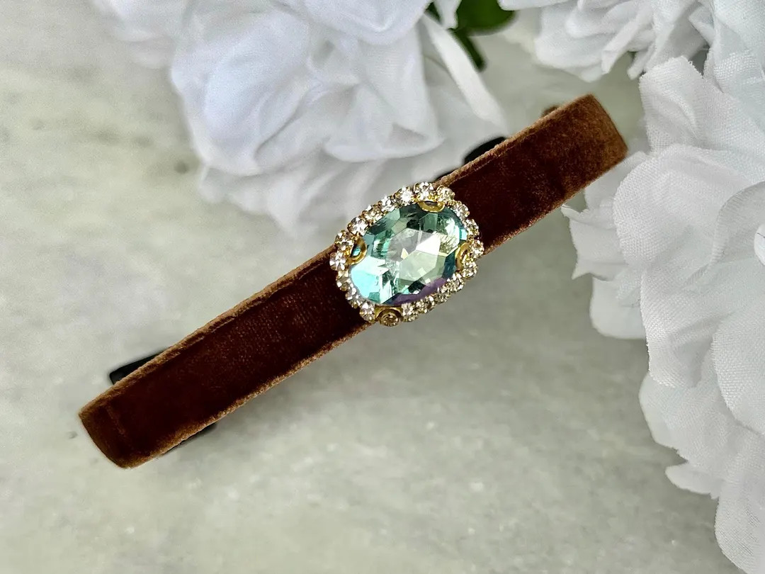 Aquamarine Glow Cat Collar- Brown Velvet Rainbow Rhinestone Pet Collar, Small Dog Collar, Breakaw... | Etsy (US)