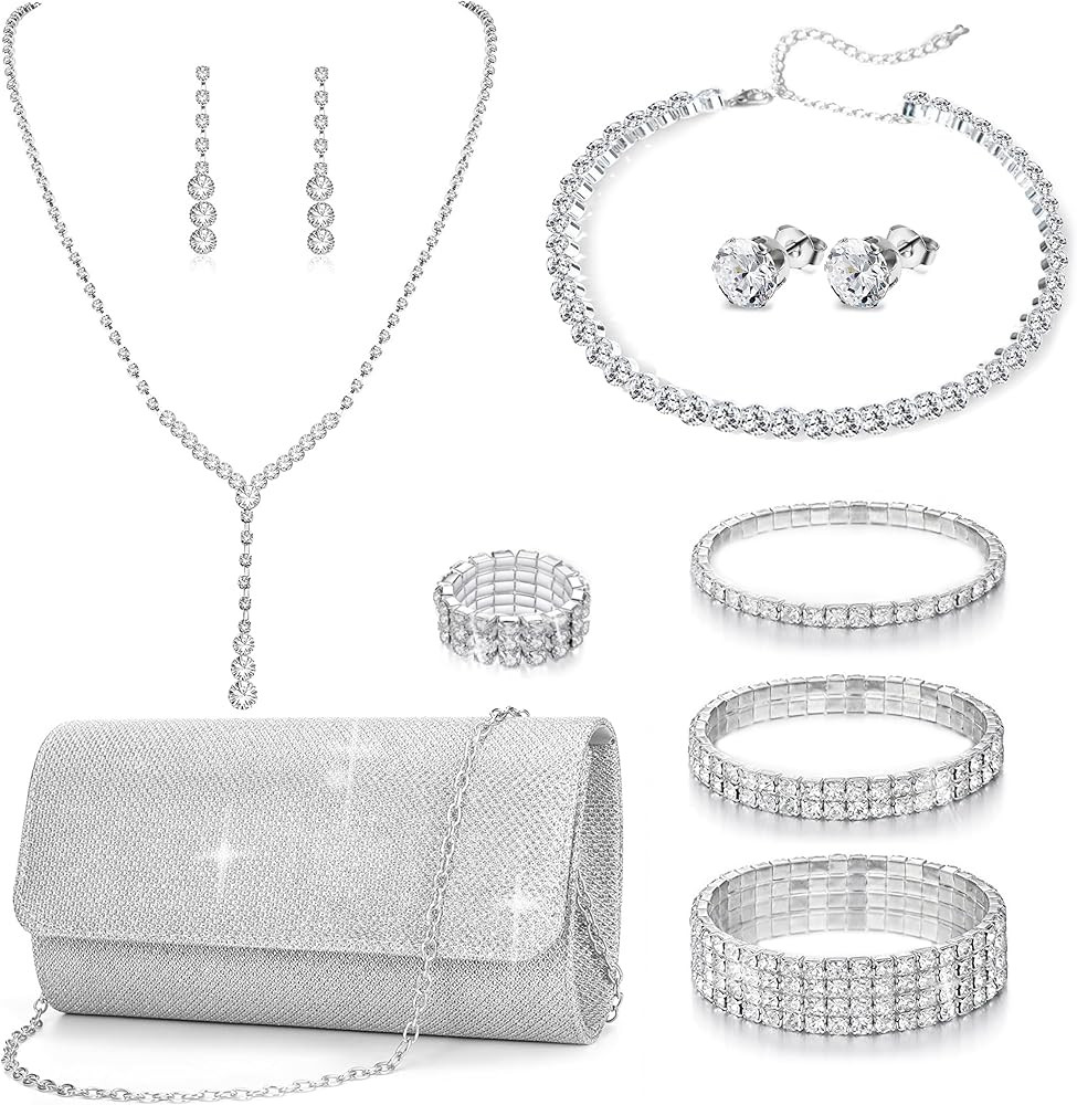 11 Pcs Silvery Clutch Purse Crystal Jewelry Set for Women Shiny Rhinestone Jewelry Accessories fo... | Amazon (US)