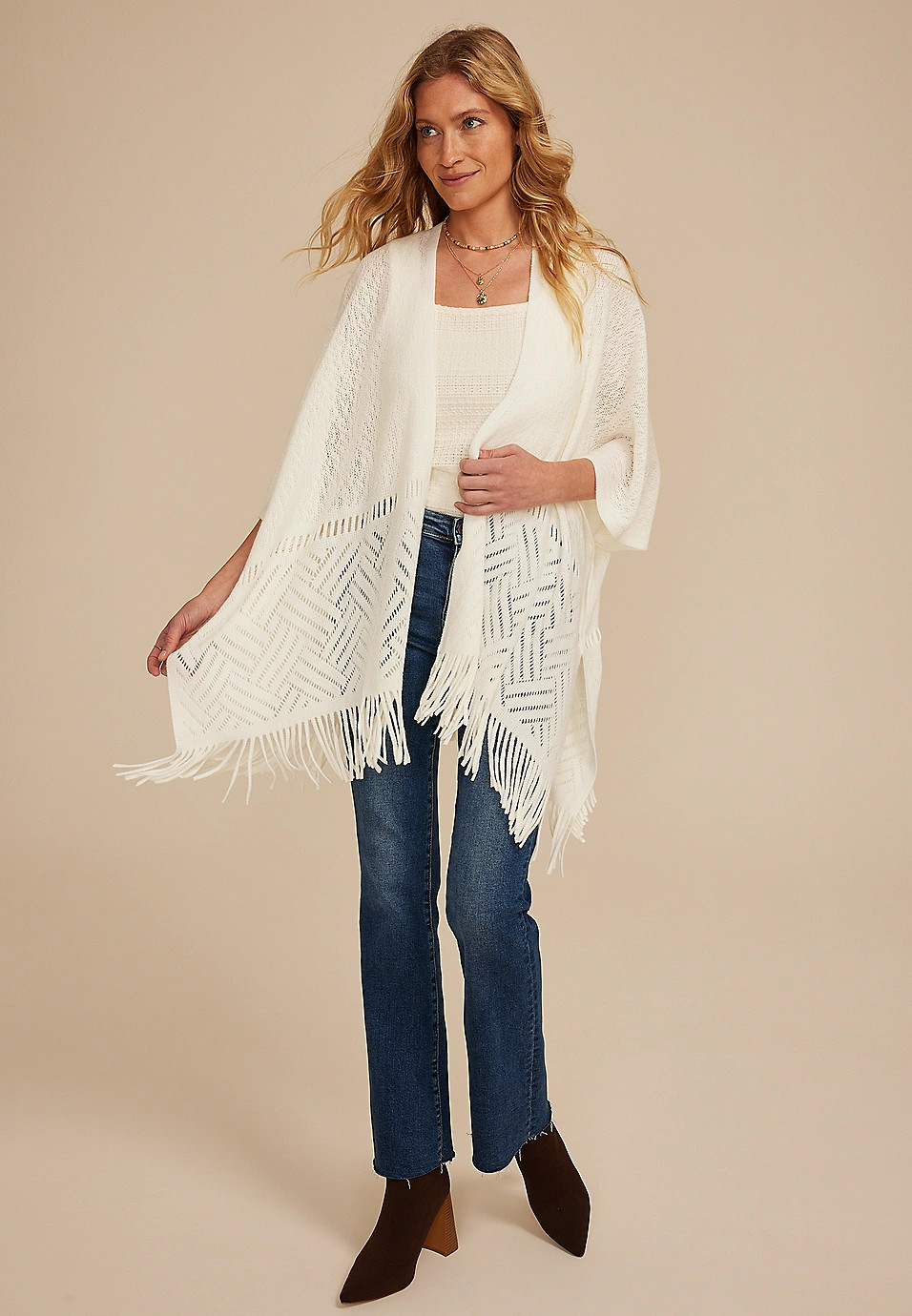 Fringed Textured Knit Kimono | Maurices