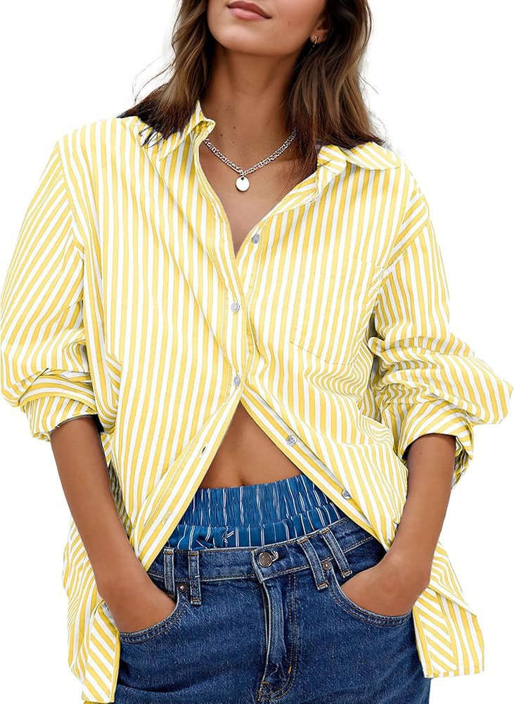 Besshopie Womens Button Down Shirts Stripe Long Sleeve Blouse Casual Work Office Shirt Oversize T... | Amazon (US)