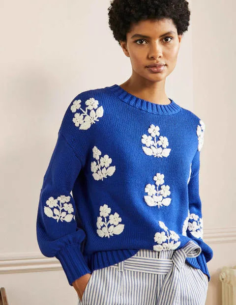 Embroidered Blouson Sweater - Atlanic Ocean, Ivory | Boden (US)