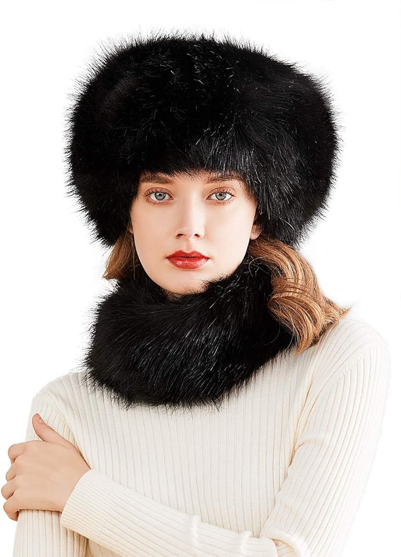 Lovful Faux Fur Women Russian Cossack Style Hat,Scarf Set for Ladies | Amazon (US)