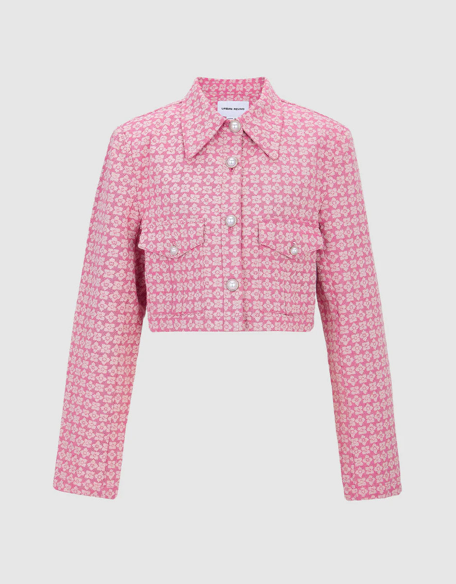 Floral Pattern Faux Pearl Button Denim Jacket | Urban Revivo