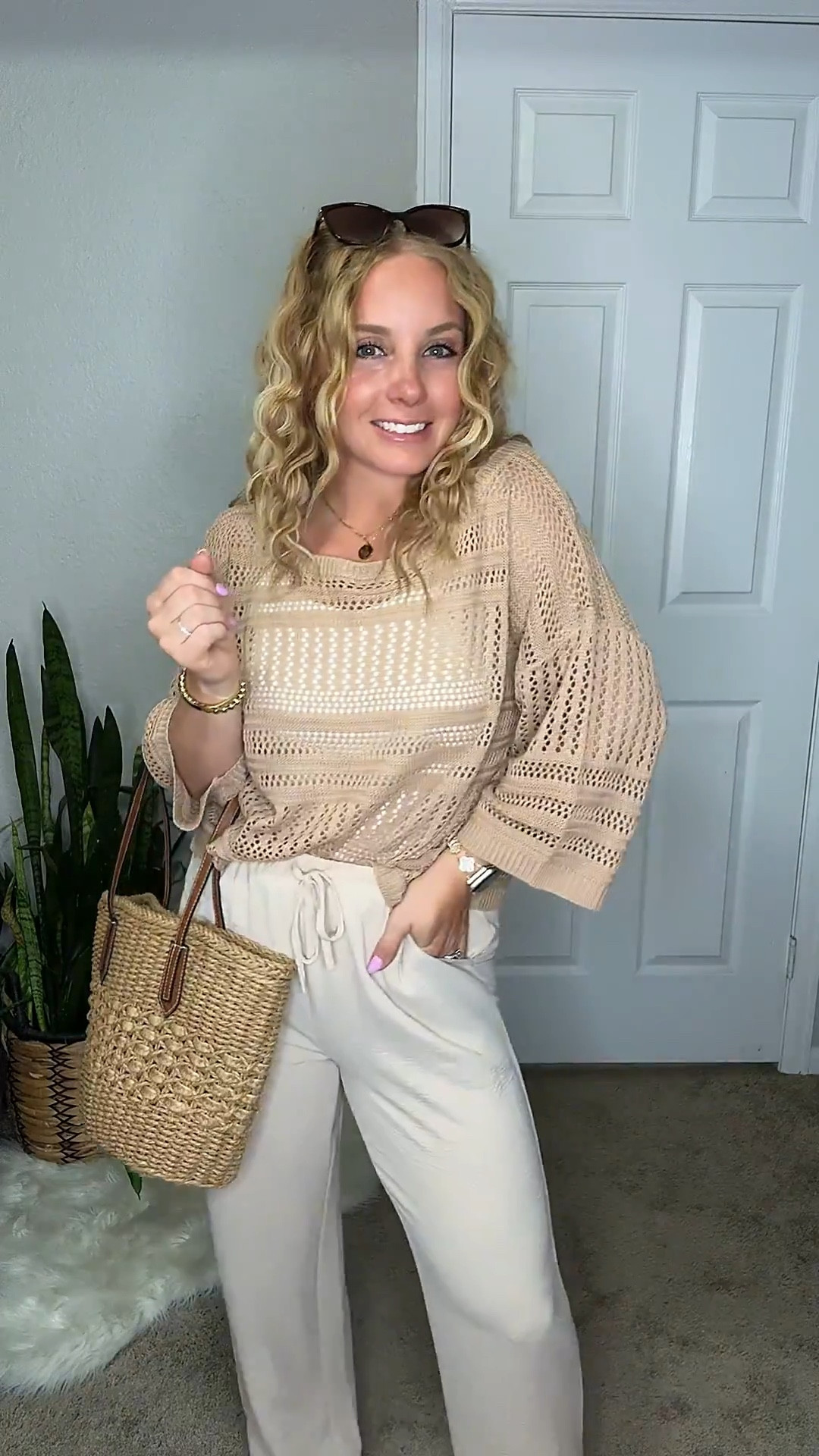 Lightweight crochet knit top over a white tank top, lightweight beige pants, straw handbag and sandals. Grab your normal size with everything 






Amazon outfits every outfit inspo, outfit ideas, casual outfits amazon, amazon outfits every day, spring outfits 2026, summer outfits, neutral summer outfit, beach pants, summer pants, travel outfit, 

#LTKPetite #LTKTravel #LTKootd