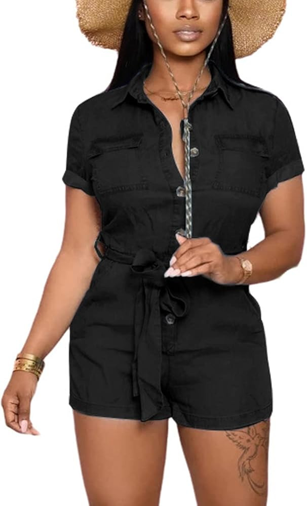 LaiyiVic Denim Romper for Women Jumpsuit Stretch Sexy Casual Short Sleeve Summer | Amazon (US)