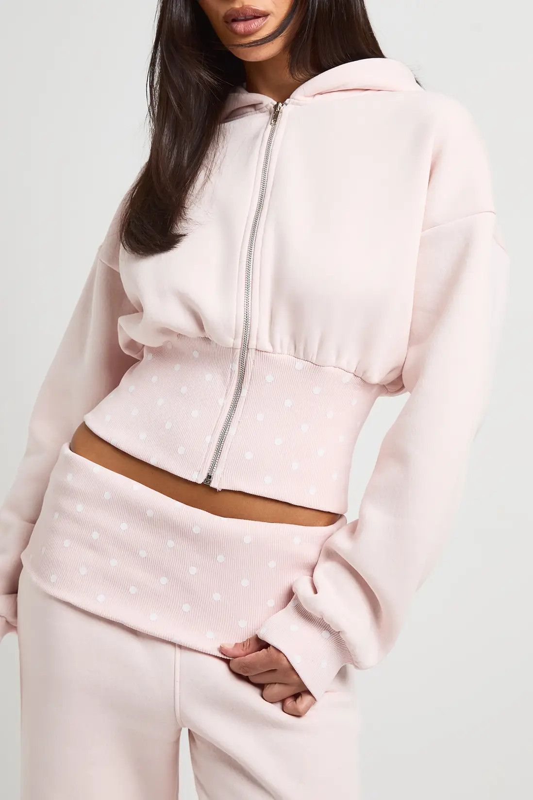 Light Pink Polka Dot Contrast Deep Hem And Foldover Waistband Tracksuit | Boohoo | Boohoo.com (UK & IE)