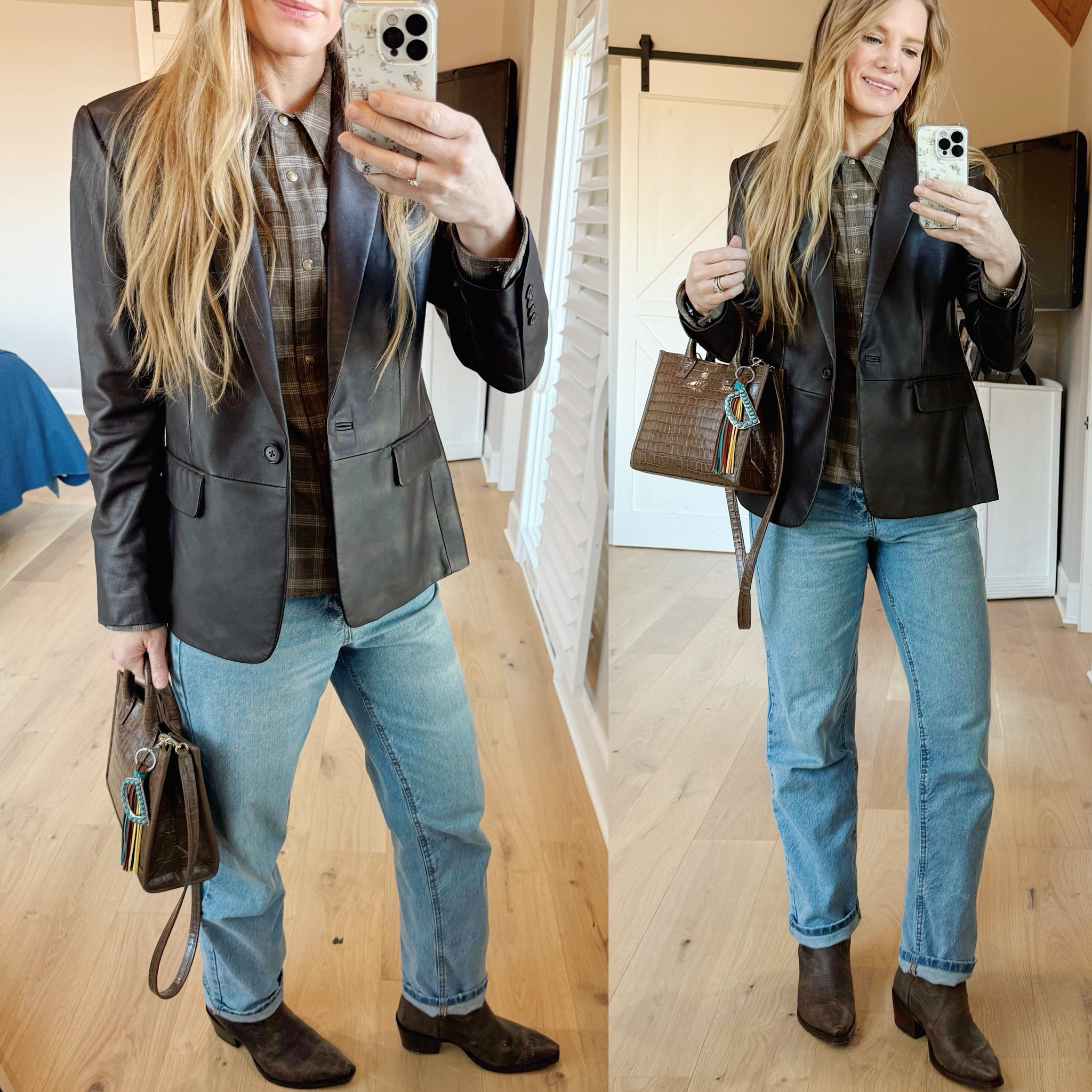 Leather blazer outfit

Size reference 5’ 9” 140 lbs

Brown leather blazer - size 8 
Laure Ralph Lauren several years old. 

Brow plaid western shirt - large

Straight leg jeans - 6 (normally a 27)

 Cowboy boots sized- sized up 1/2 size



🔍western chic outfit. Western style. Western blazer outfit. Blazer and jeans outfit. Cowboy boots outfit. Western style outfit. 

#LTKStyleTip #LTKFindsUnder50 #LTKSaleAlert