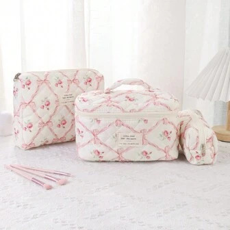 3-delige strik cosmetische tas, grote capaciteit, zoete stijl, geschikt voor studenten, naai-opbe... | SHEIN