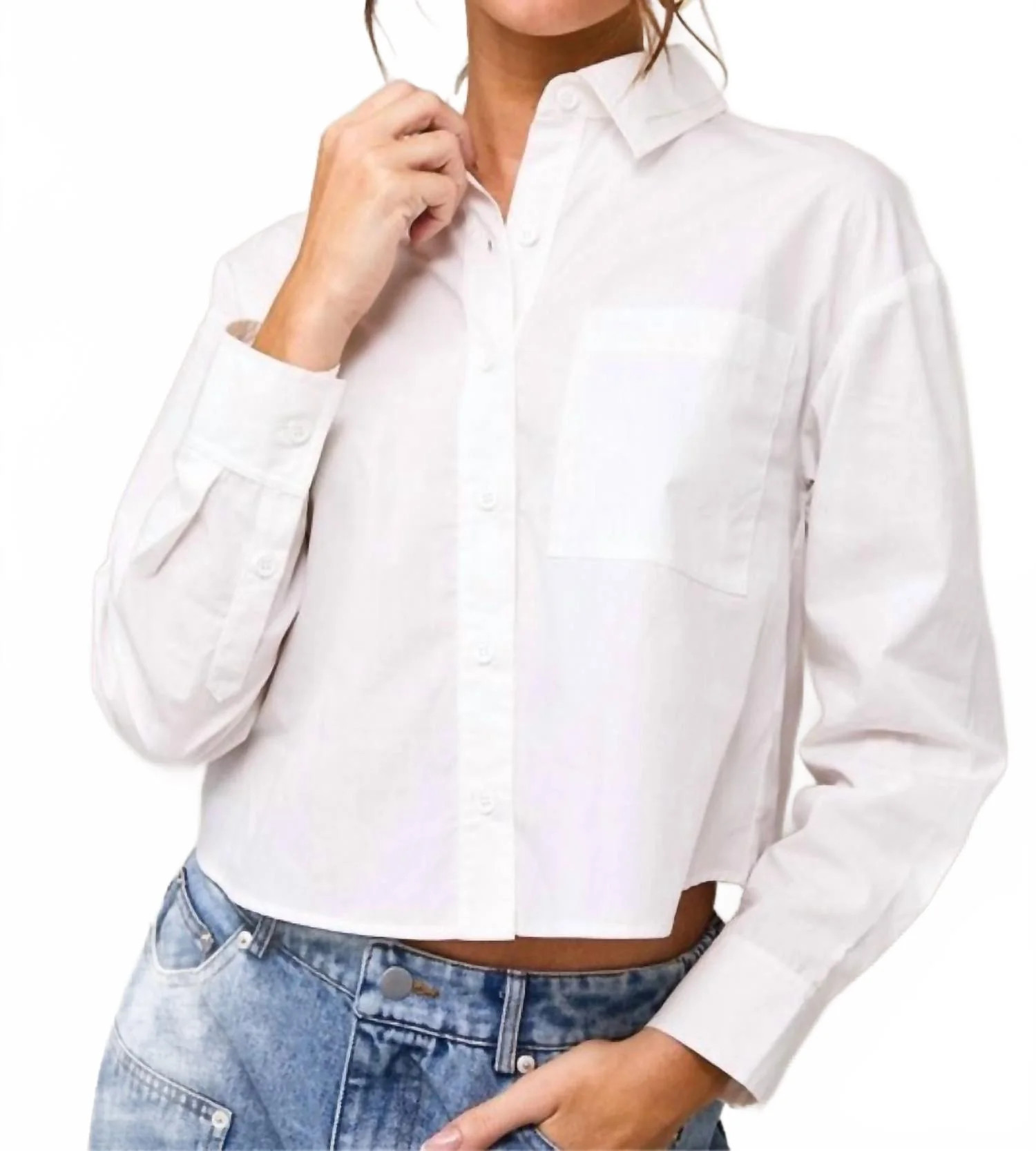 Long Sleeve Cropped Button Down Shirt In White | Shop Simon