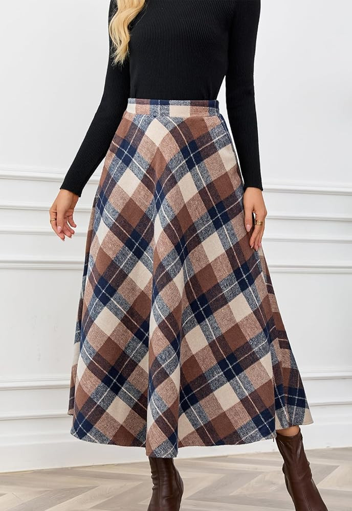 ebossy Women's Vintage High Waist Wool Blend Plaid A-Line Long Maxi Skirt with Pocket | Amazon (US)