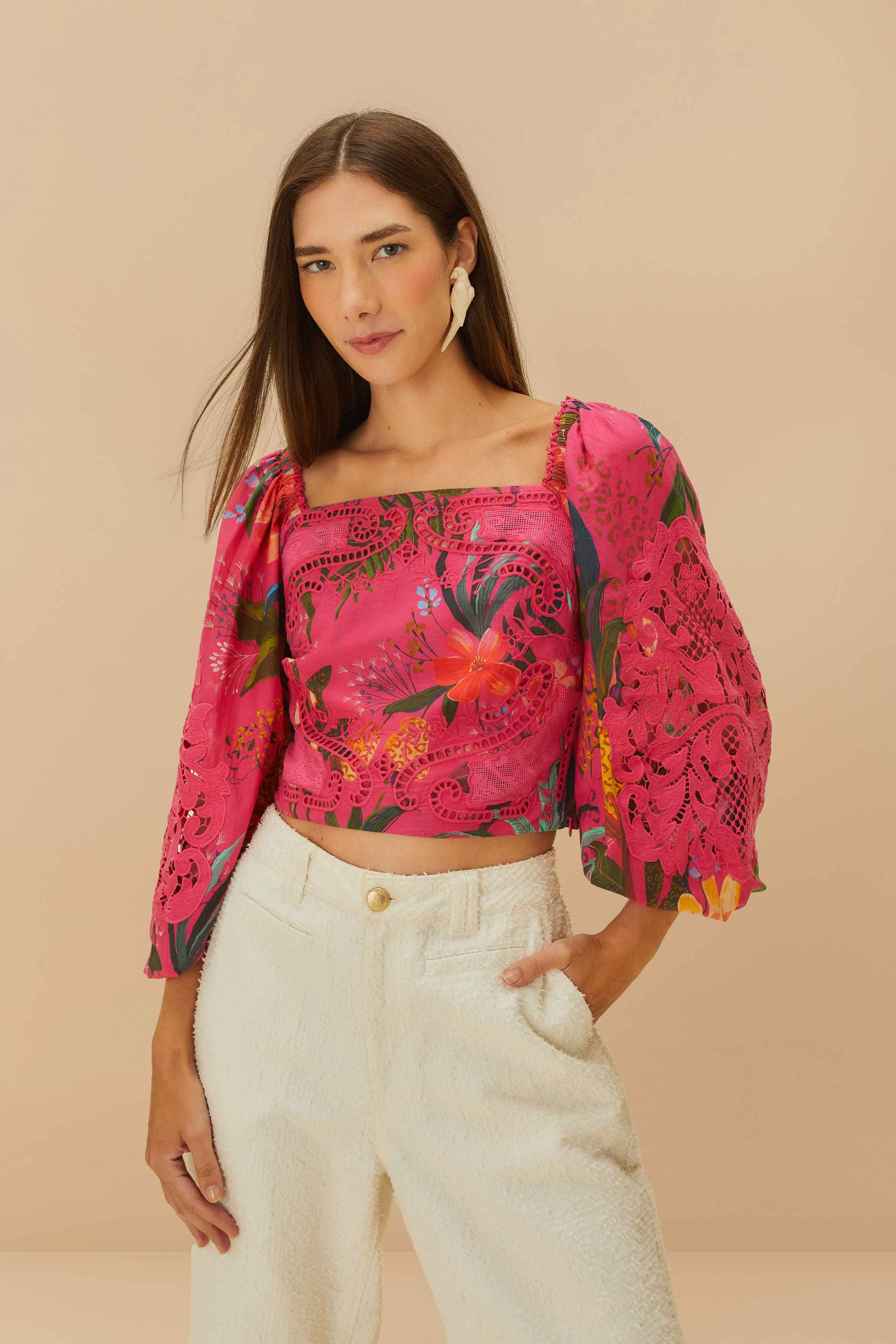 Pink Leopard Flowers Lace Blouse, LEOPARD FLOWERS PINK / XXS | FarmRio (US)