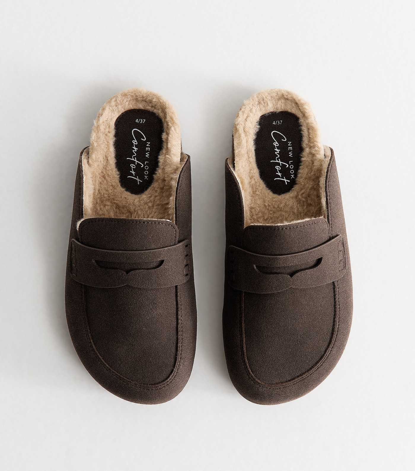 Dark Brown Faux Suede Borg Loafer Mules | New Look | New Look (UK)