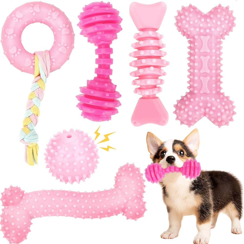 Puppy Toys, 6 Pack Dog Chew Toys for Puppy, Cute Pink Small Dog Toys, Teething Toys for Puppies, ... | Amazon (US)