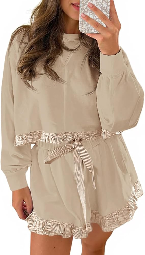 Fisoew Women's 2 Piece Lounge Sets Color Block Ruffle Cropped Sweatshirts Loose Drawstring Waist ... | Amazon (US)