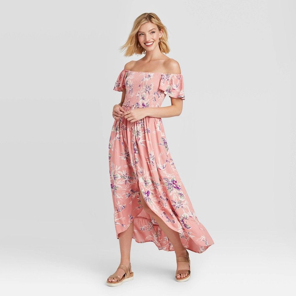 Women's Floral Print Short Sleeve Smocked Top Button-Front Dress - Xhilaration Pink L | Target