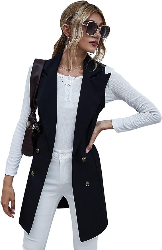 SheIn Women's Double Breasted Long Vest Jacket Casual Sleeveless Pocket Outerwear Longline | Amazon (US)