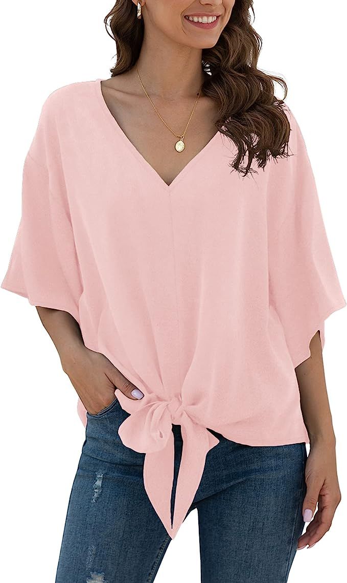 VIISHOW Womens Tie Front Chiffon Blouses V Neck Batwing Short Sleeve Summer Tops Shirts | Amazon (US)