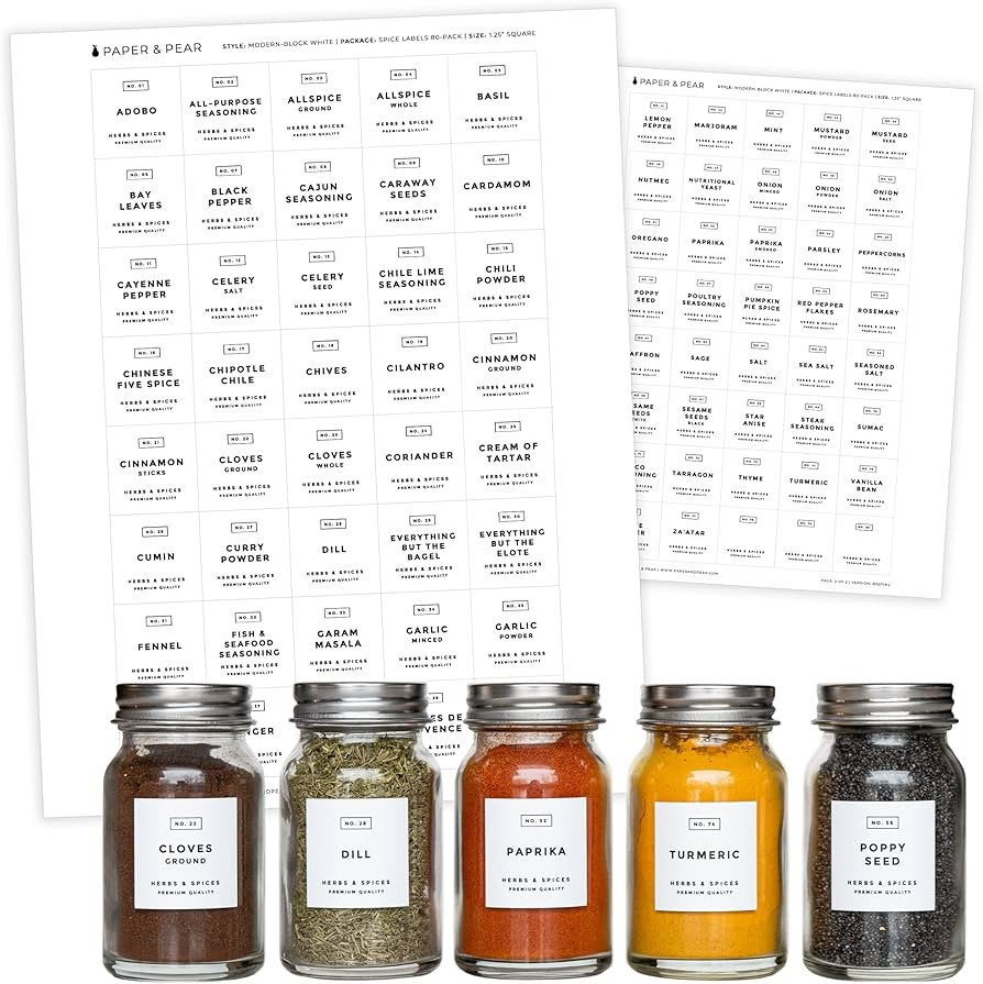 Modern Block-White Spice Labels (no Jars) by Paper & Pear - Oil Resistant Kitchen Pantry Labels -... | Amazon (US)