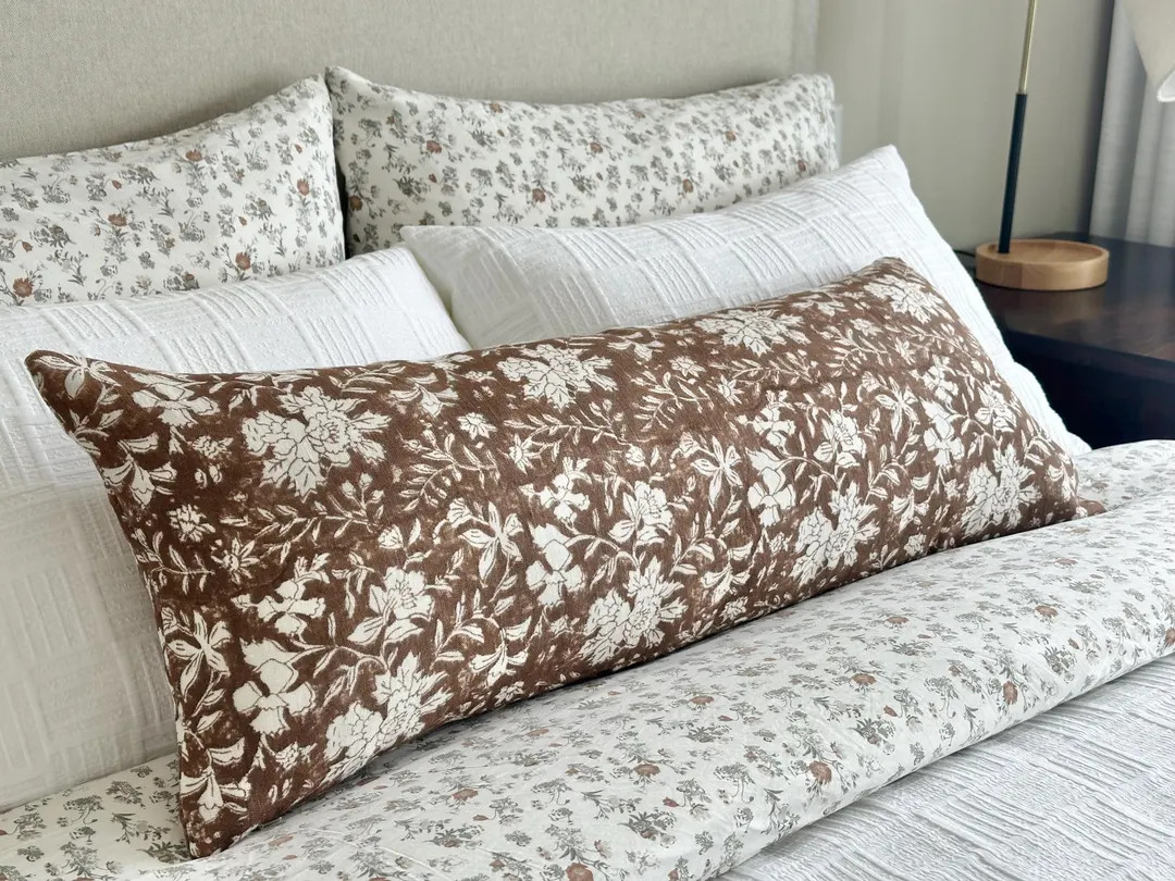 Extra Long Brown Floral Lumbar Pillow Cover, Primary Bed Pillow Case, Long Sofa Pillow Slip, Over... | Etsy (US)