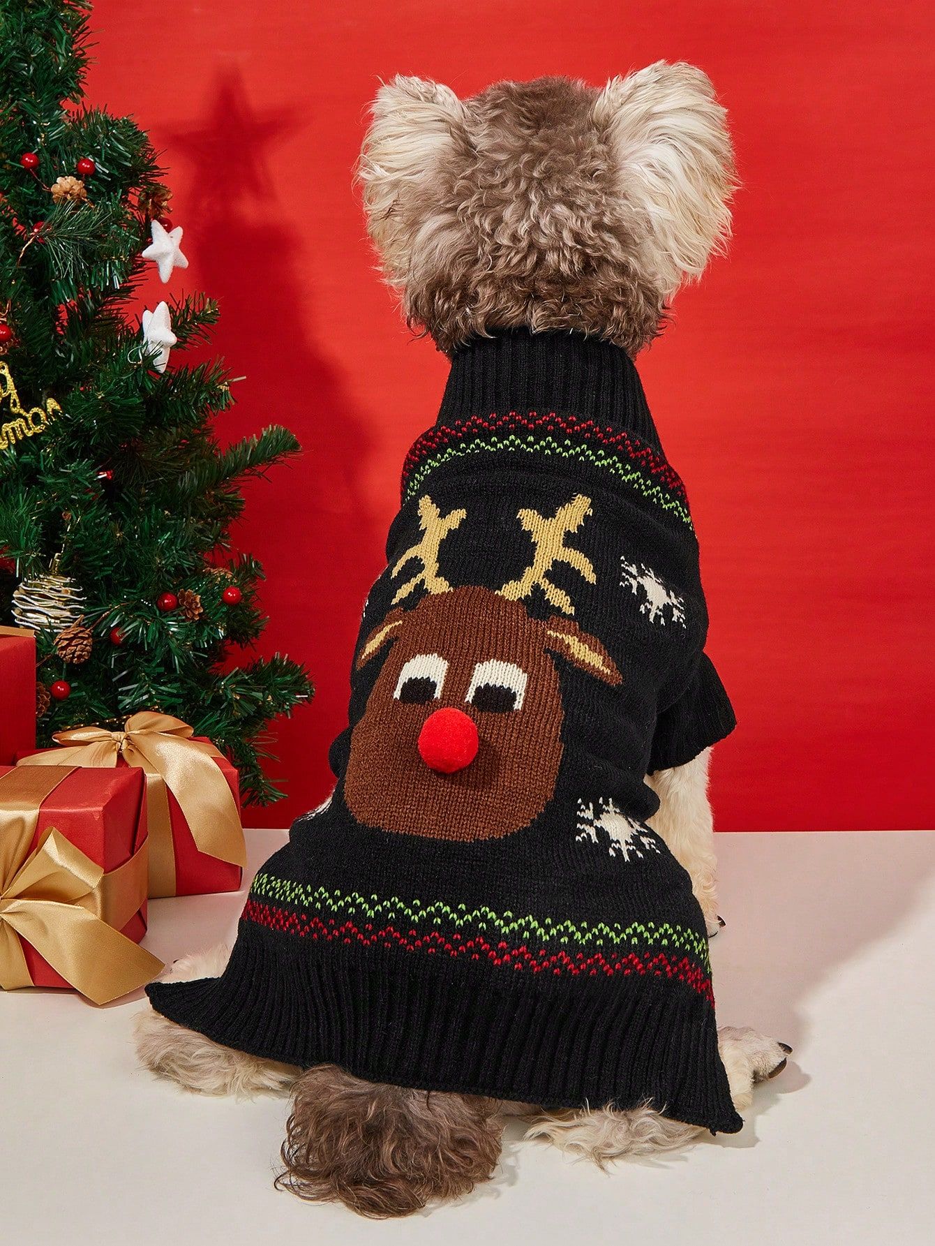 1pc Black Christmas Pet Clothes Red-nosed Reindeer Pattern Pet Sweater For Toy/small/medium/large... | SHEIN